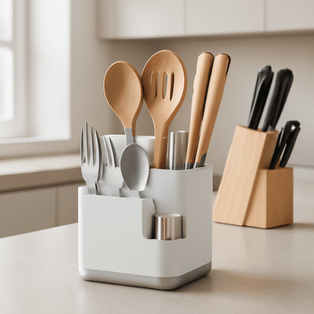 suporte compacto que organiza utensílios e otimiza espaço na cozinha e banheiro