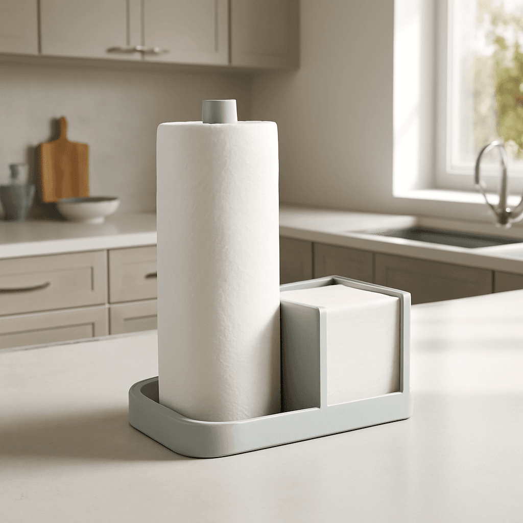 Suporte para papel toalha que organiza a cozinha e facilita o acesso diário