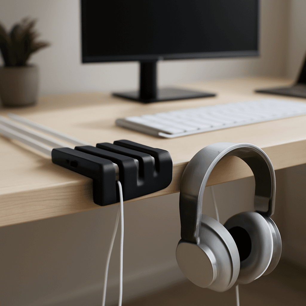 Suporte para cabos e fones que organiza o home office e protege os aparelhos