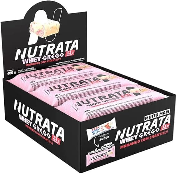 Whey Grego Bar Morango com Chantilly – 12 unid, 480 g, R$64,90