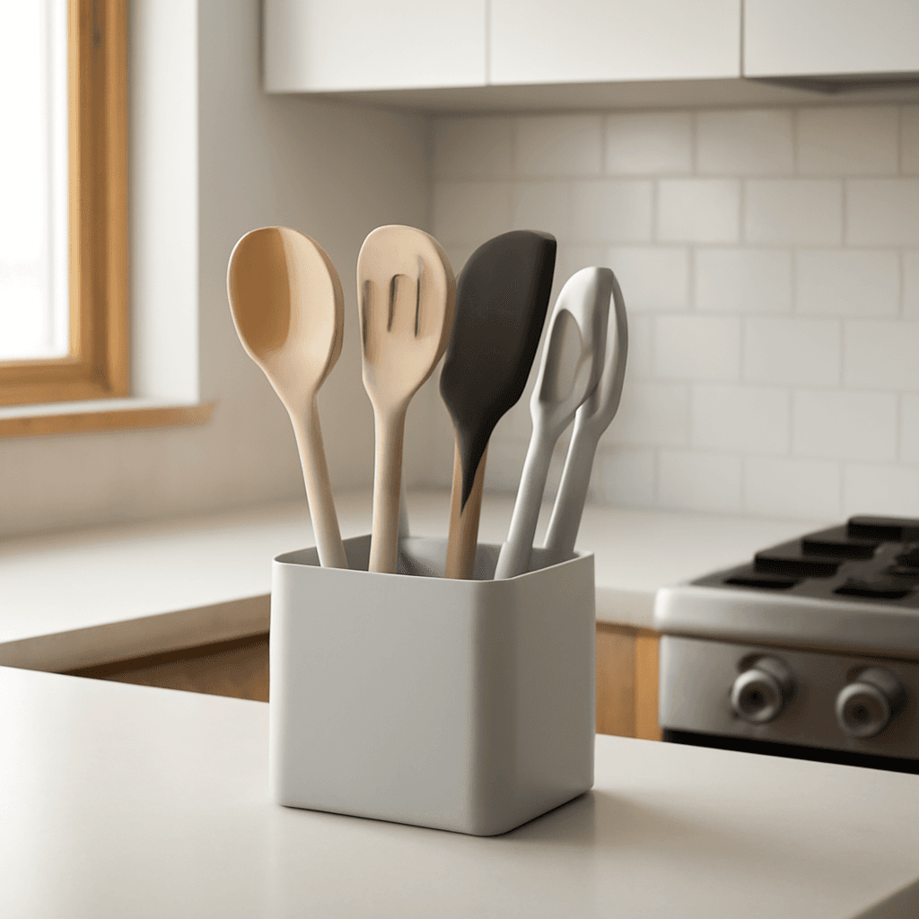 Suporte compacto para utensílios que otimiza a organização da cozinha