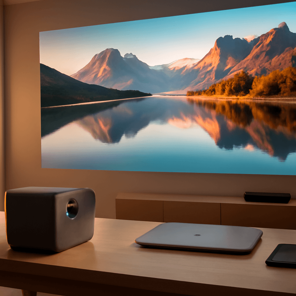 Projetor inteligente portátil que oferece imagem 4K e conectividade avançada para entretenimento e trabalho