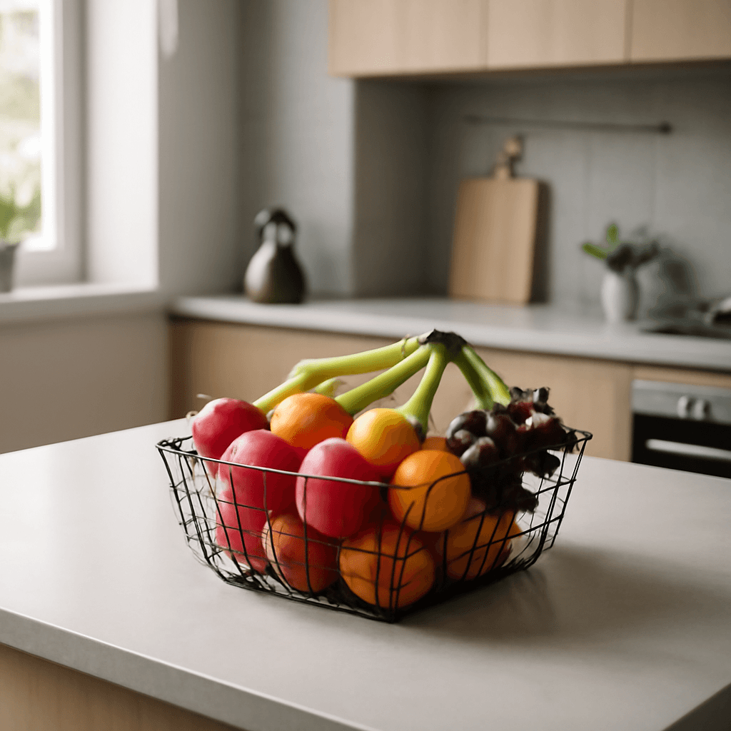 cesto de frutas que organiza a cozinha e facilita o preparo das refeições