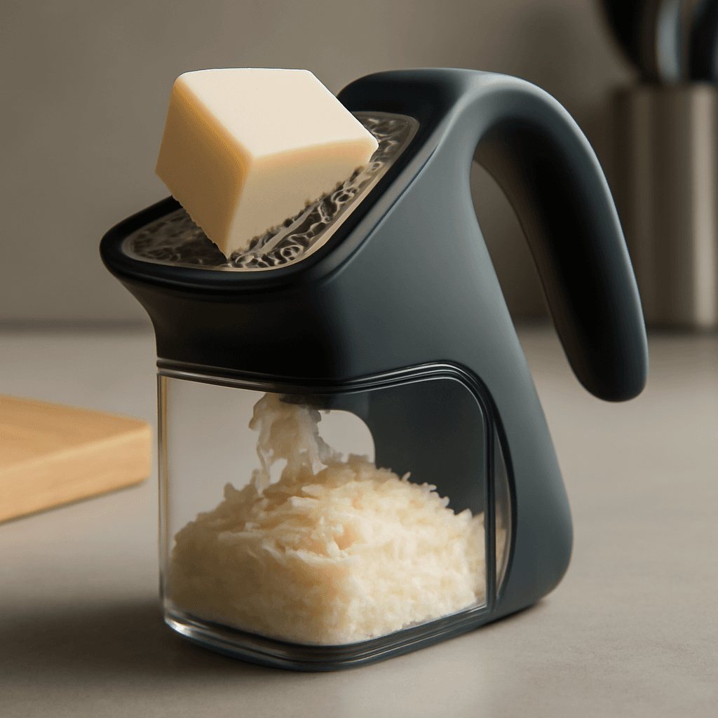 Ralador de queijo compacto com reservatório que facilita o preparo e mantém a cozinha limpa