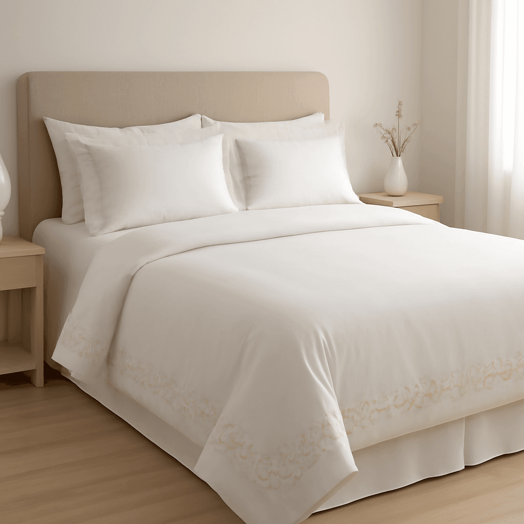 Jogo de cama queen 100% algodão com bordado que traz conforto e praticidade ao quarto