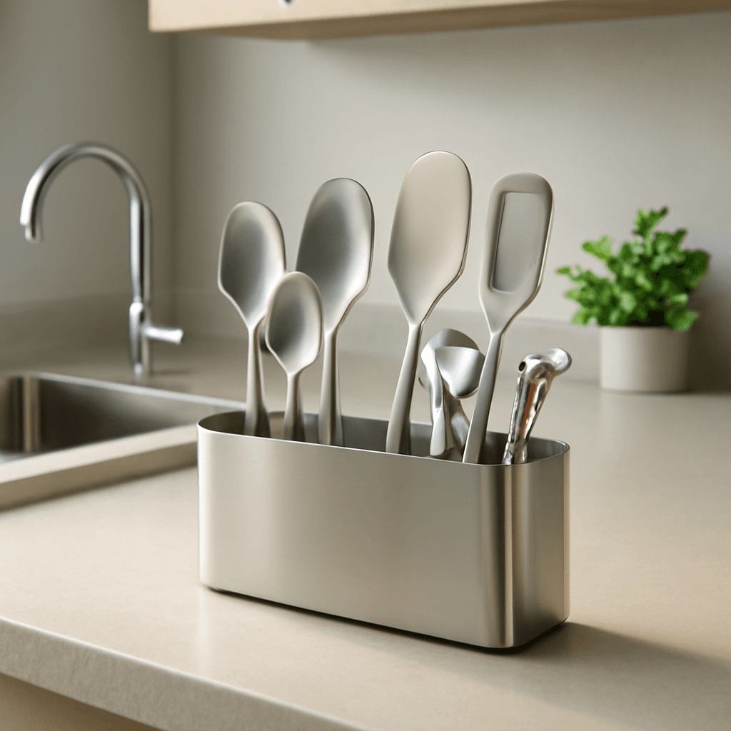 Organizador de utensílios que otimiza a cozinha facilitando o preparo diário