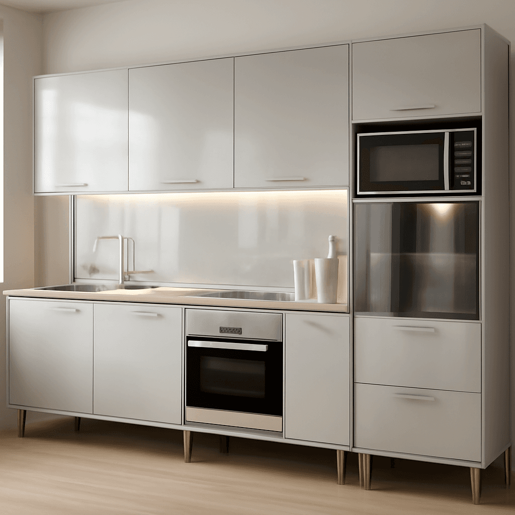 Cozinha completa funcional que otimiza espaço e organiza utensílios no dia a dia