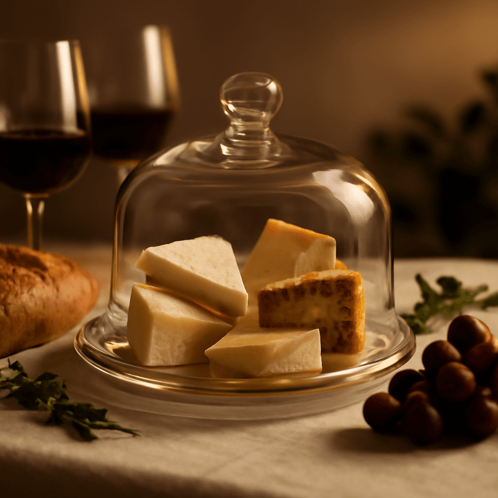 Queijeira de cristal com fio de ouro que preserva e valoriza queijos em ocasiões especiais