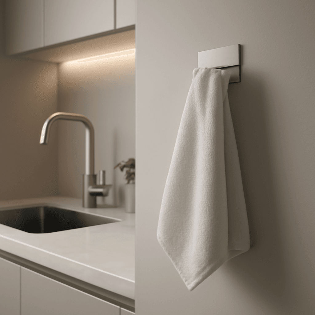 Toalha de microfibra com suporte que otimiza espaço e facilita o uso na cozinha