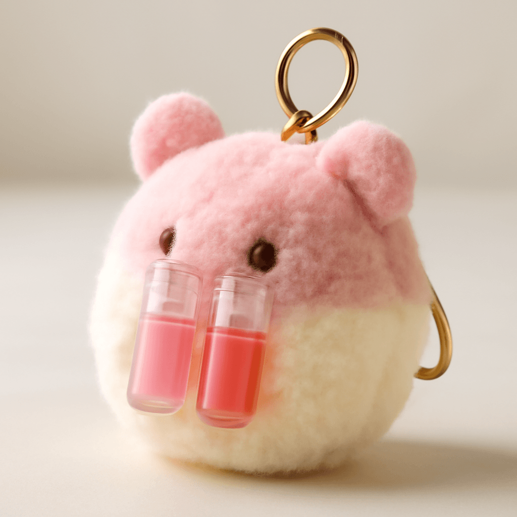Chaveiro de pelúcia com mini gloss que hidrata os lábios com praticidade no dia a dia