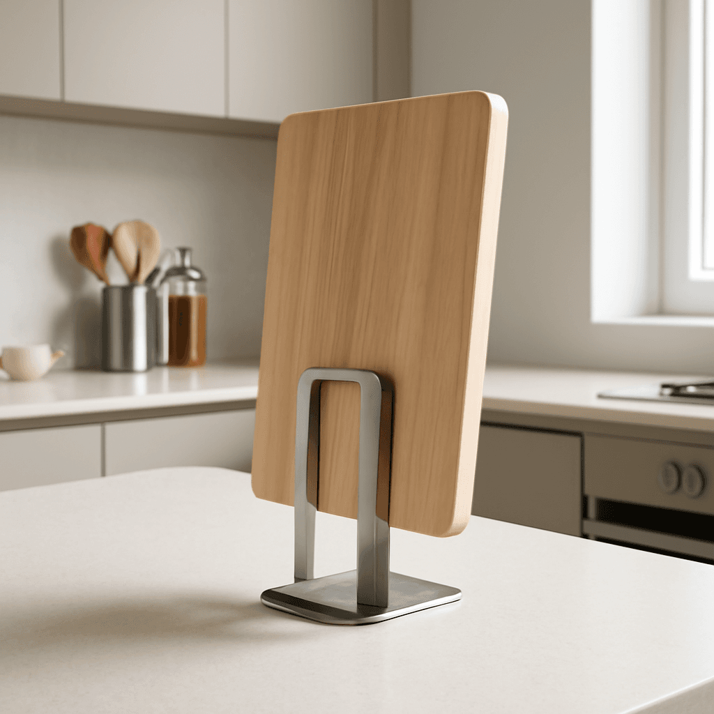 Suporte para tábua de corte que otimiza espaço e organização na cozinha