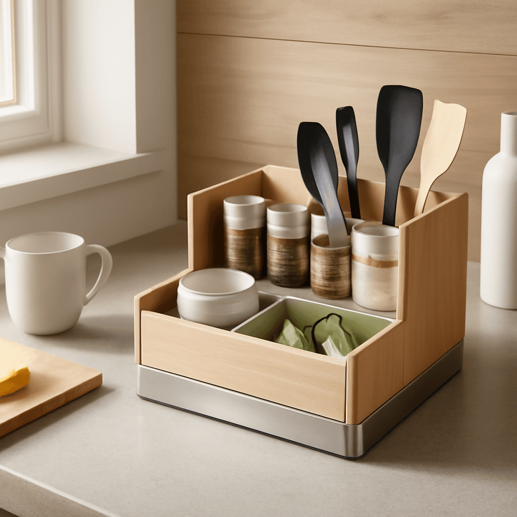 organizador compacto que otimiza a cozinha e facilita o acesso aos utensílios