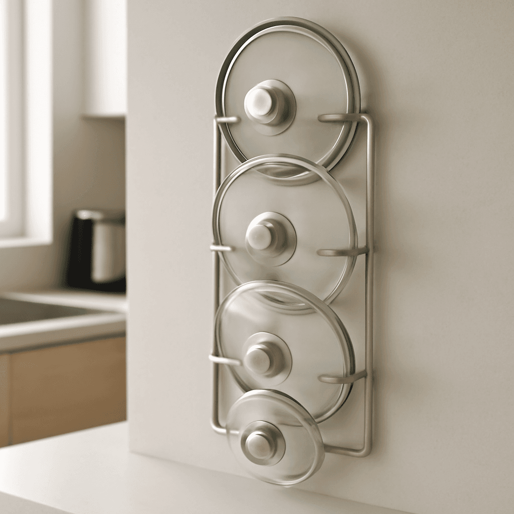 suporte para tampas que otimiza espaço e facilita o uso na cozinha diária
