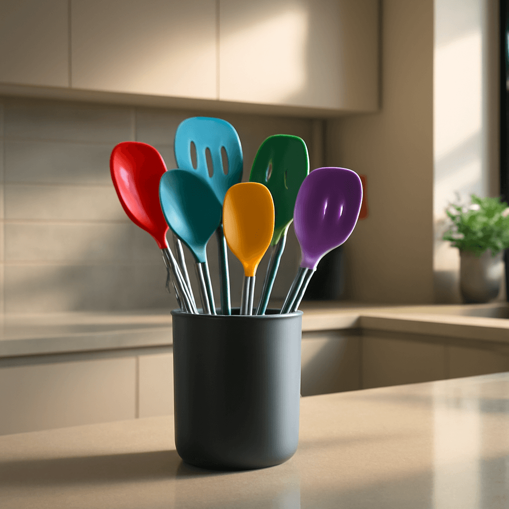 conjunto de utensílios de silicone que facilita o preparo na cozinha diária