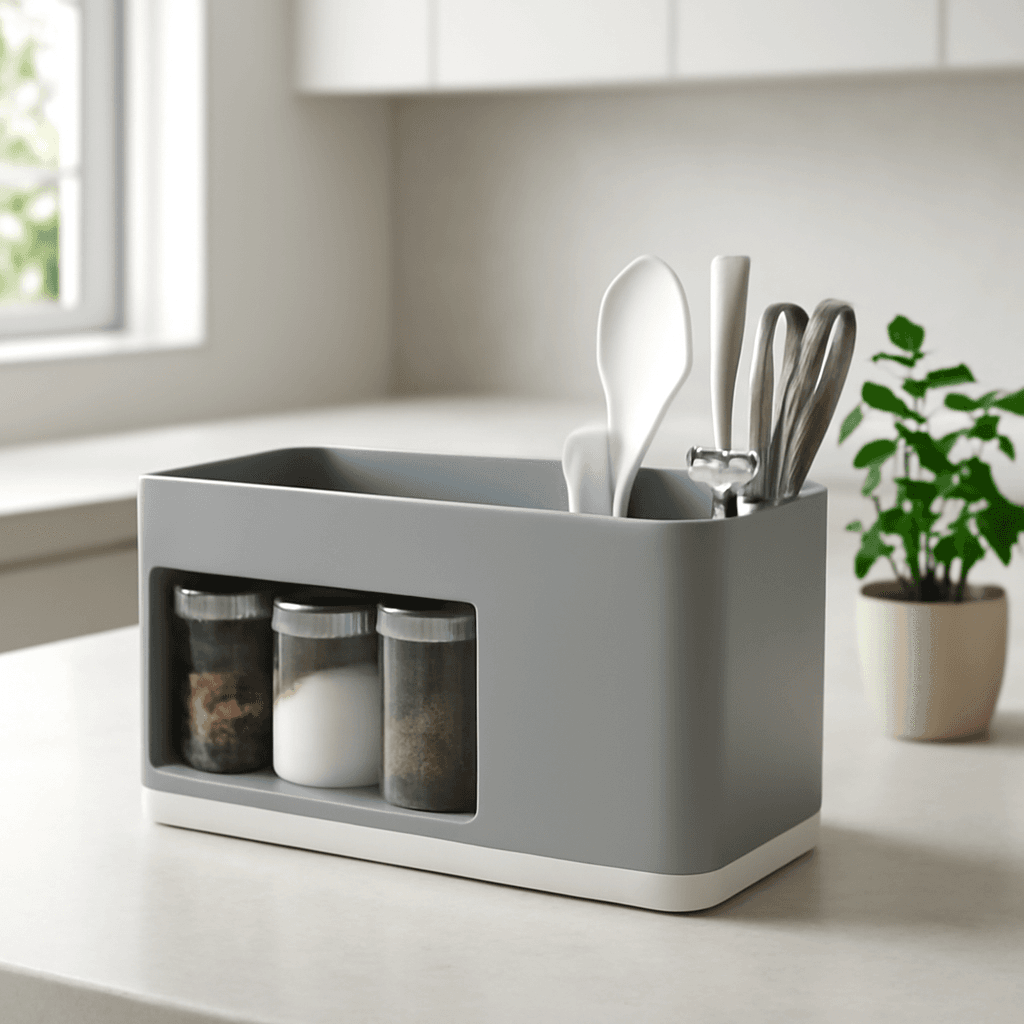 organizador compacto que facilita a organização e o uso na cozinha e escritório