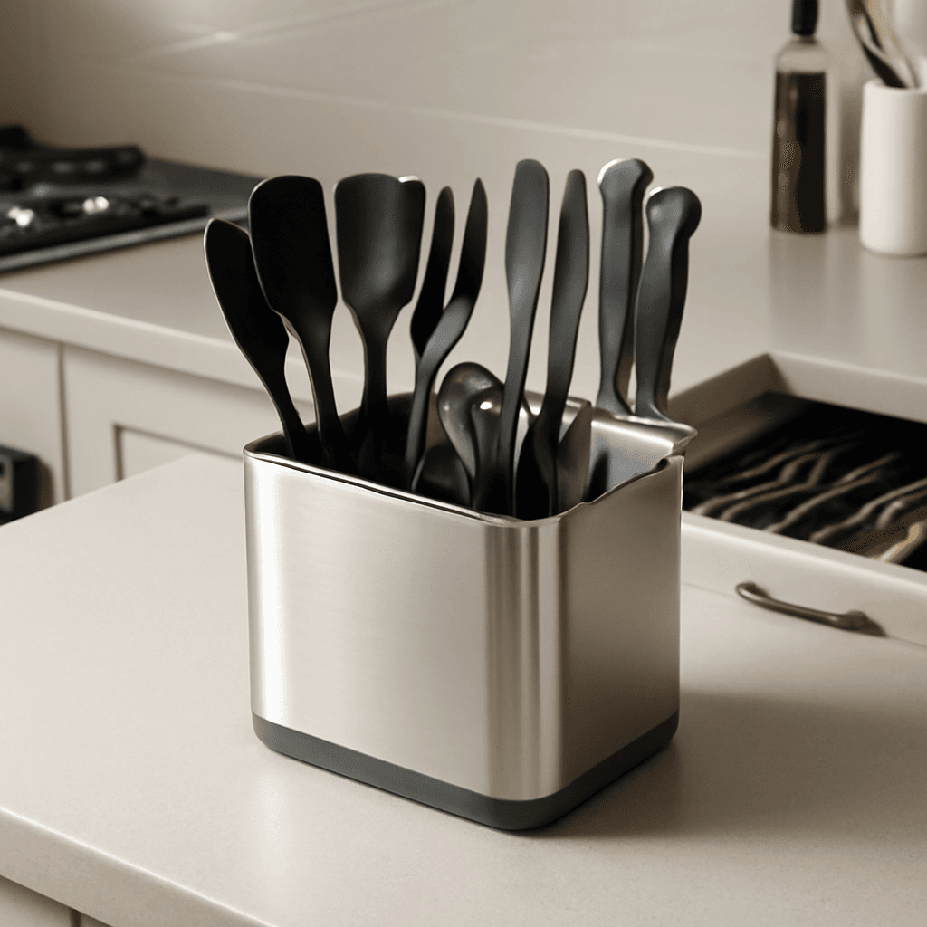 Organizador de utensílios que otimiza espaço e agiliza tarefas na cozinha