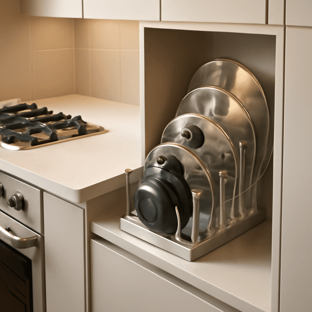 suporte de tampas que organiza a cozinha com praticidade e visual moderno