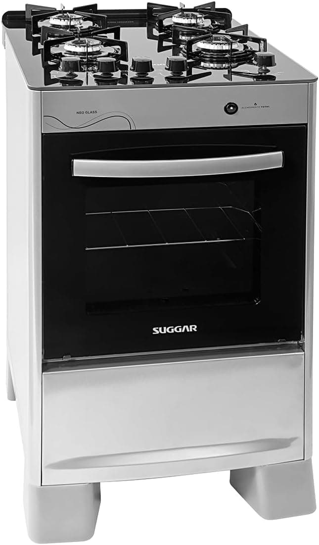 Fogão Suggar Neo Glass Prata: 4 Bocas, Forno 56 L por R$ 673,44