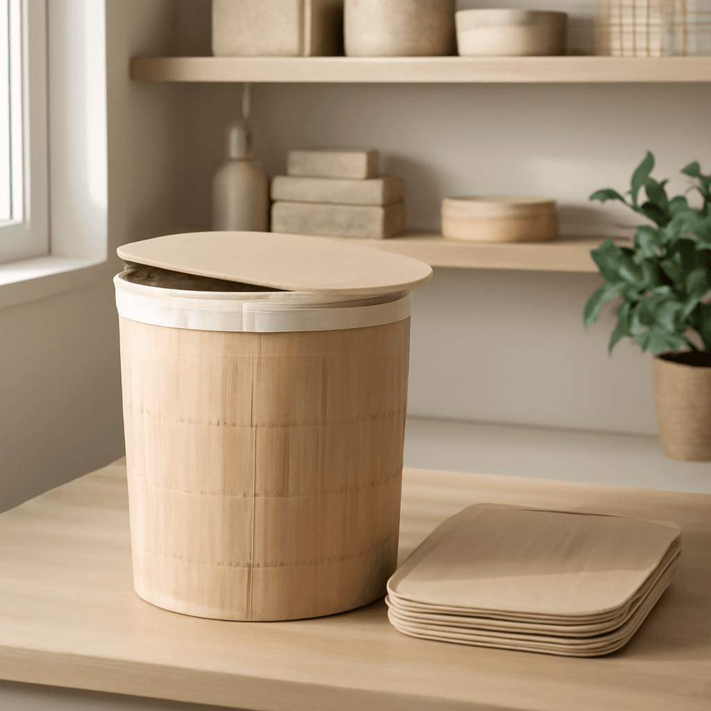 Cesto de bambu com tampa que organiza roupas com praticidade e estilo sustentável