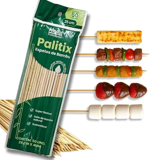 Kit com 50 Espetos de bambu 25 cm por R$9,99 na Amazon