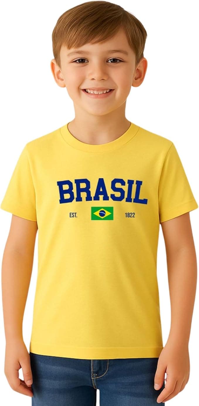Camiseta infantil Brasil Copa do Mundo, 100% algodão premium – R$27,90