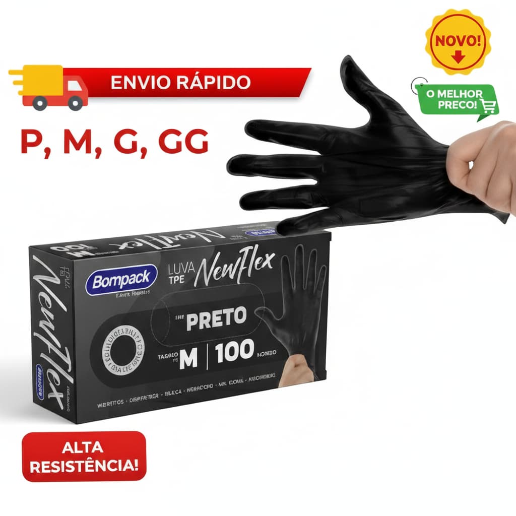 Luva Vinilflex preta descartável que oferece proteção resistente e conforto para uso diário