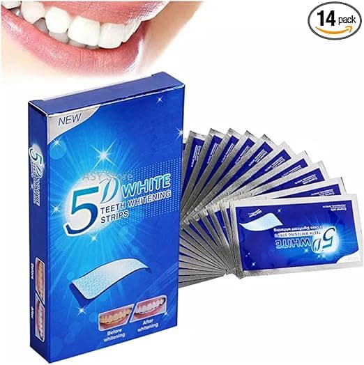Kit 5D White: 14 tiras, R$ 44,90, sabor Menta, clareamento caseiro