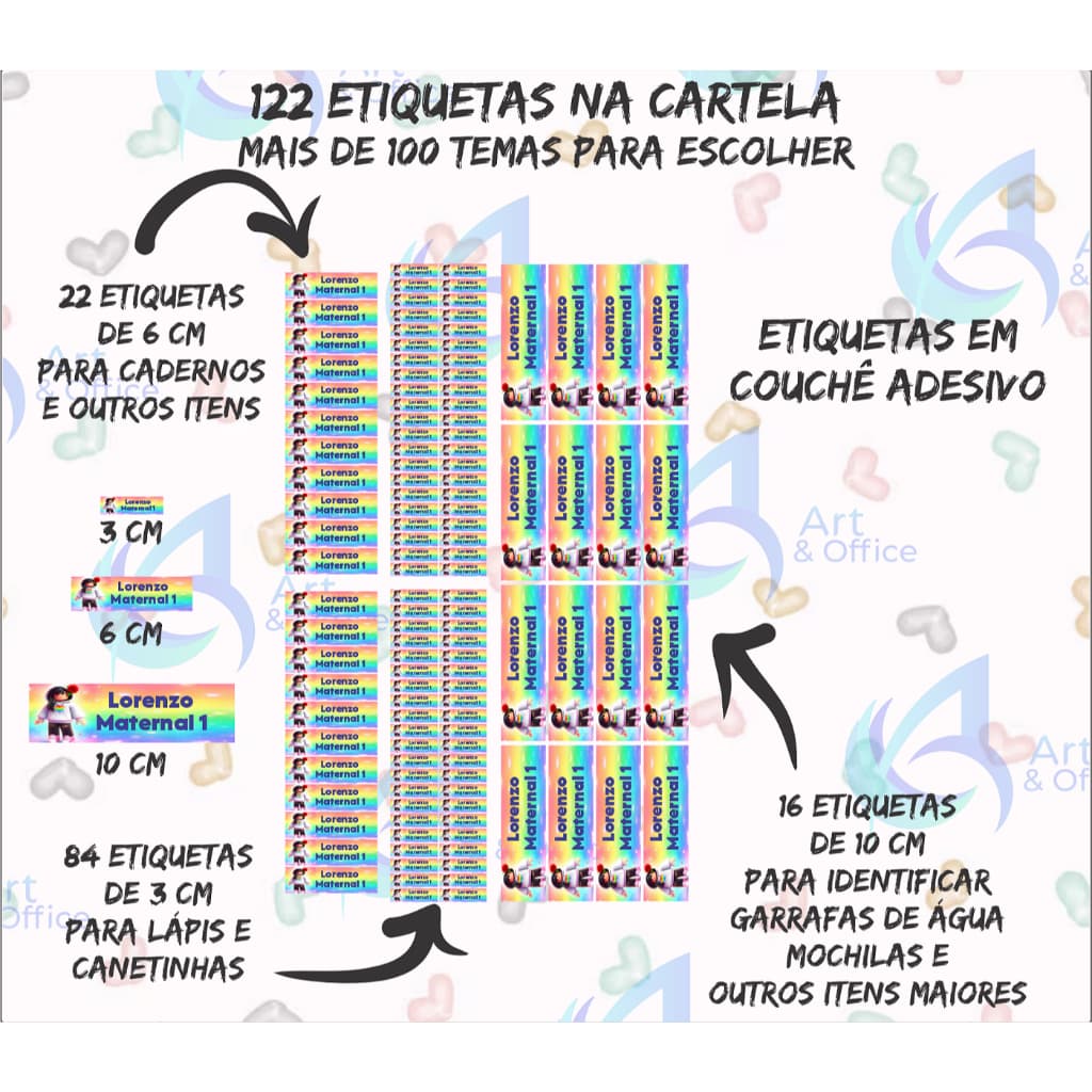 Kit de etiquetas escolares personalizadas que organiza e identifica materiais no dia a dia