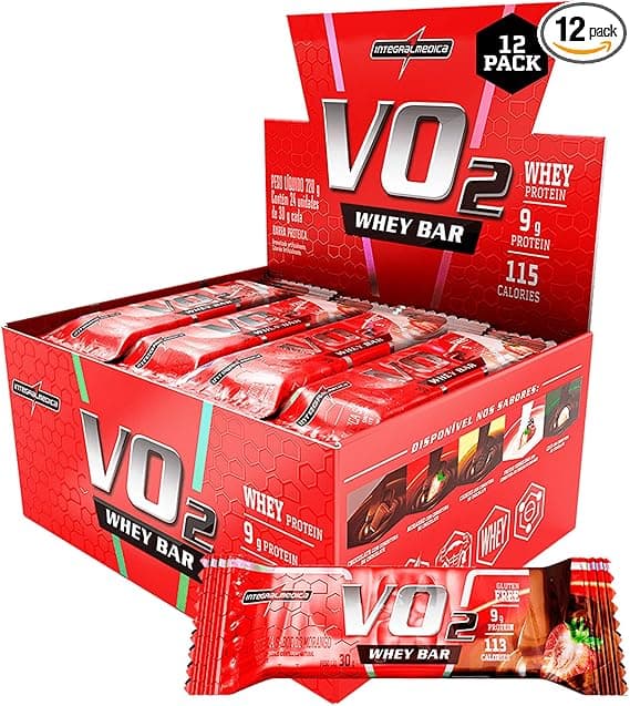 VO2 Whey Bar Morango: 12 barras por R$49,99, ótimo custo-benefício.