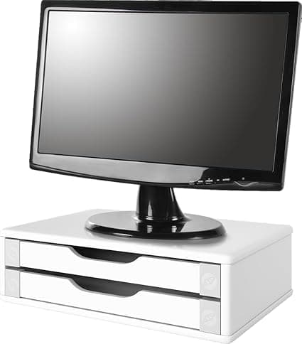 Suporte de Monitor com 2 Gavetas em MDF Branco por R$63,19 na Amazon