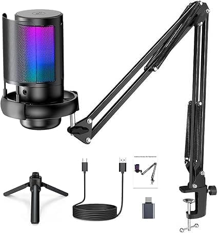 Microfone USB Gaming com RGB e monitoramento em tempo real — R$178,49