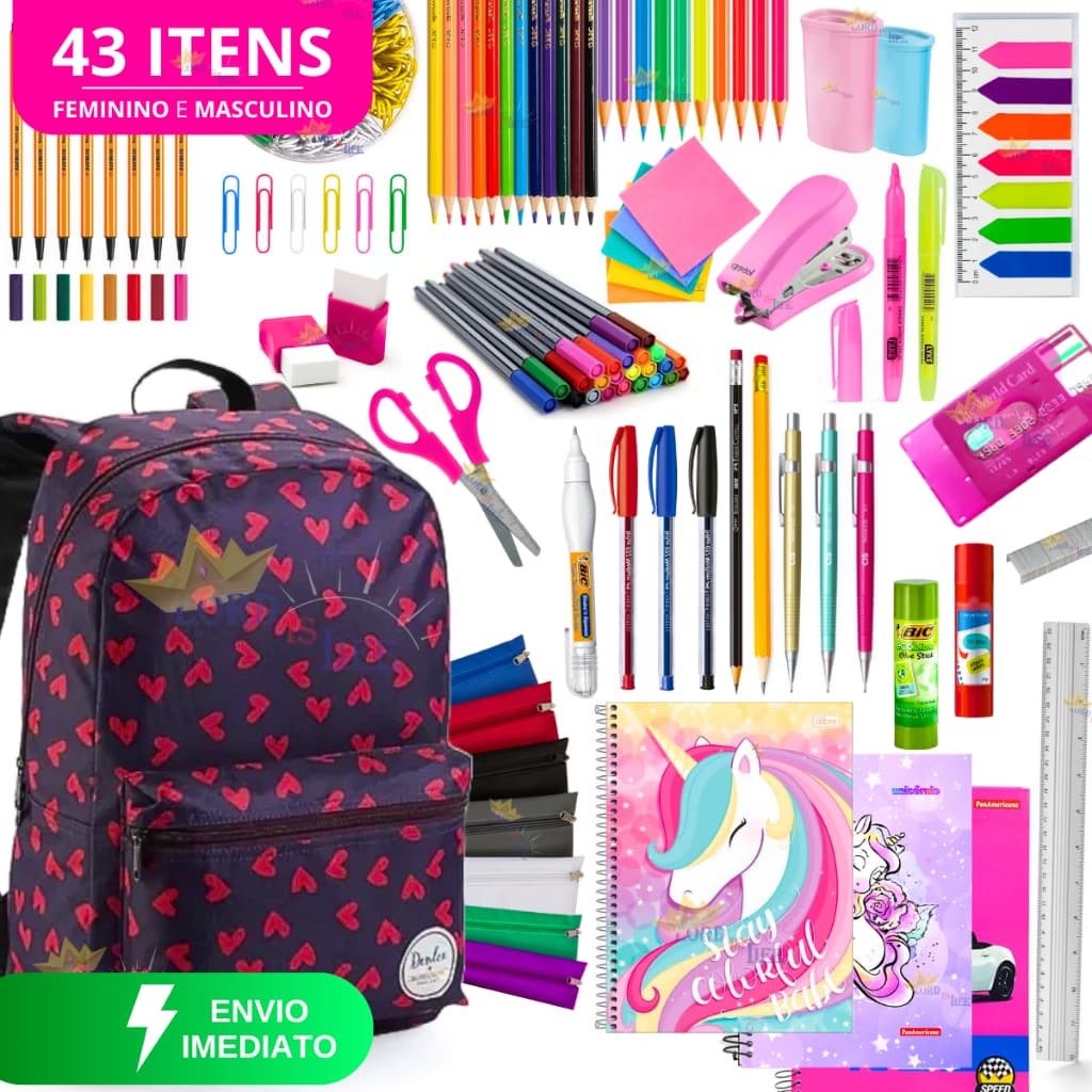 Kit material escolar feminino completo que organiza e facilita o ano letivo 2026