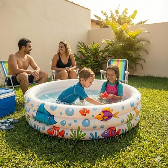 Piscina Inflável Infantil 180L com 3 Anéis, Fundo do Mar – R$55,90