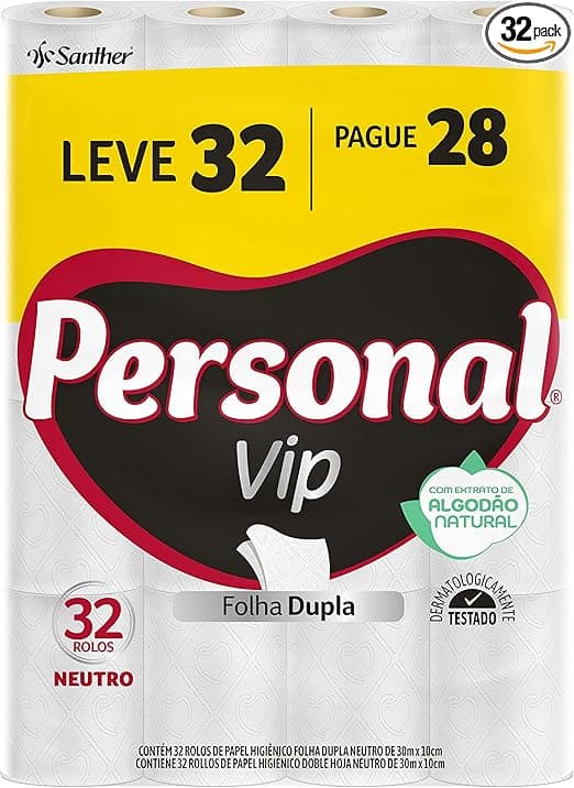 Personal VIP: 32 rolos 30 m, folha dupla, pague 28 — R$47,36 na Amazon