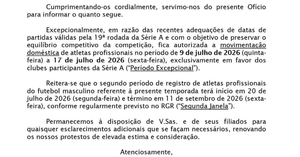 CBF cria janela extraordinária e altera calendário para reforços nacionais na Série A