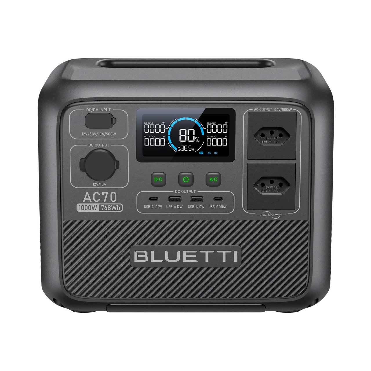 BLUETTI AC70 vista frontal - display, tomadas AC e portas USB-C