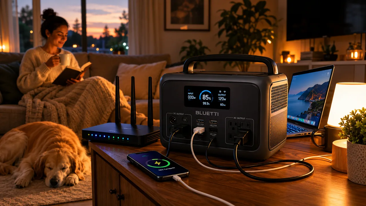 BLUETTI AC70 mantendo equipamentos essenciais ligados em casa durante um apagão